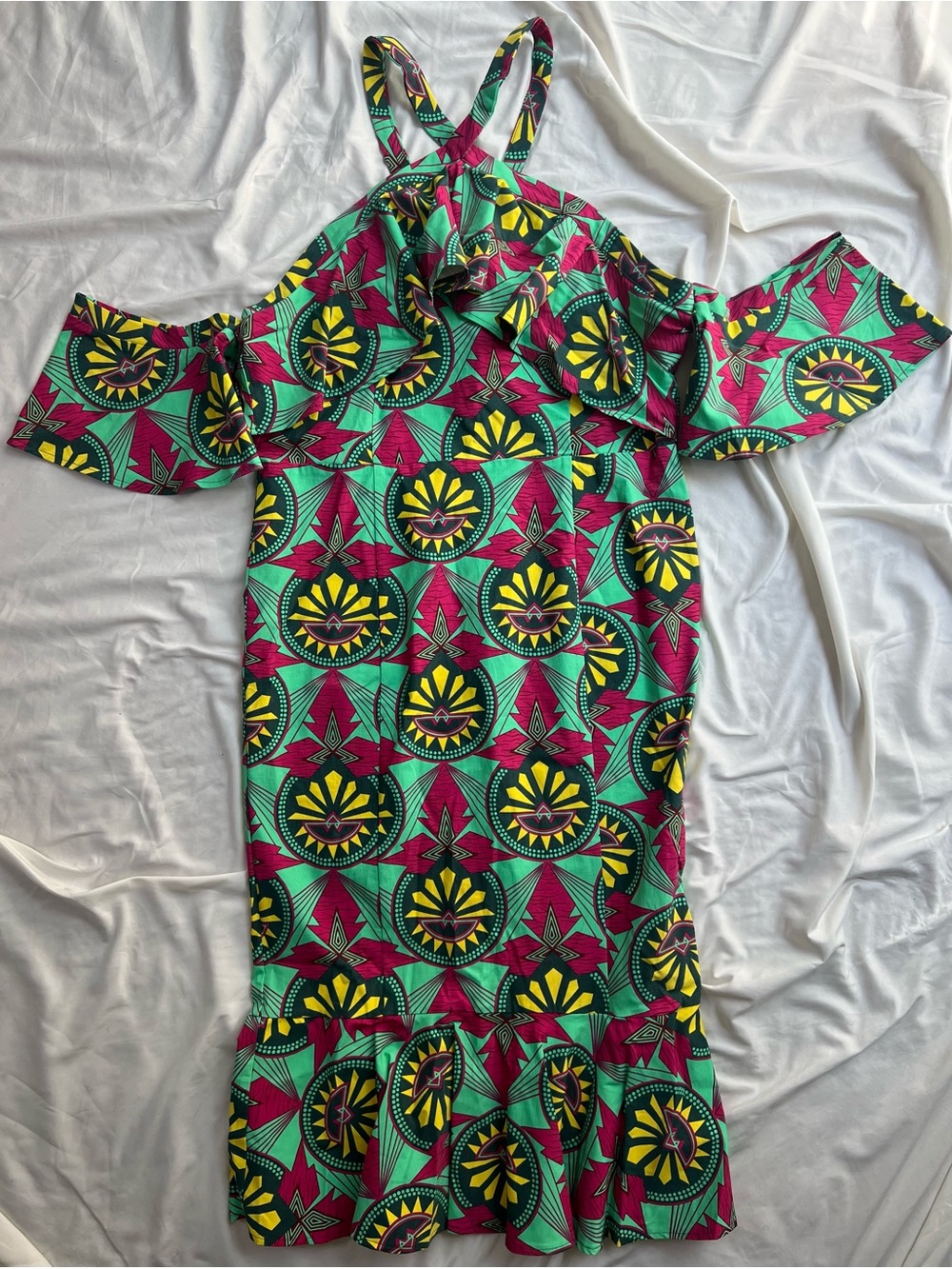 NWOT Diyanu' Printed Cold-Shoulder Cocktail Dress in Teal, Fuchsia & Yellow